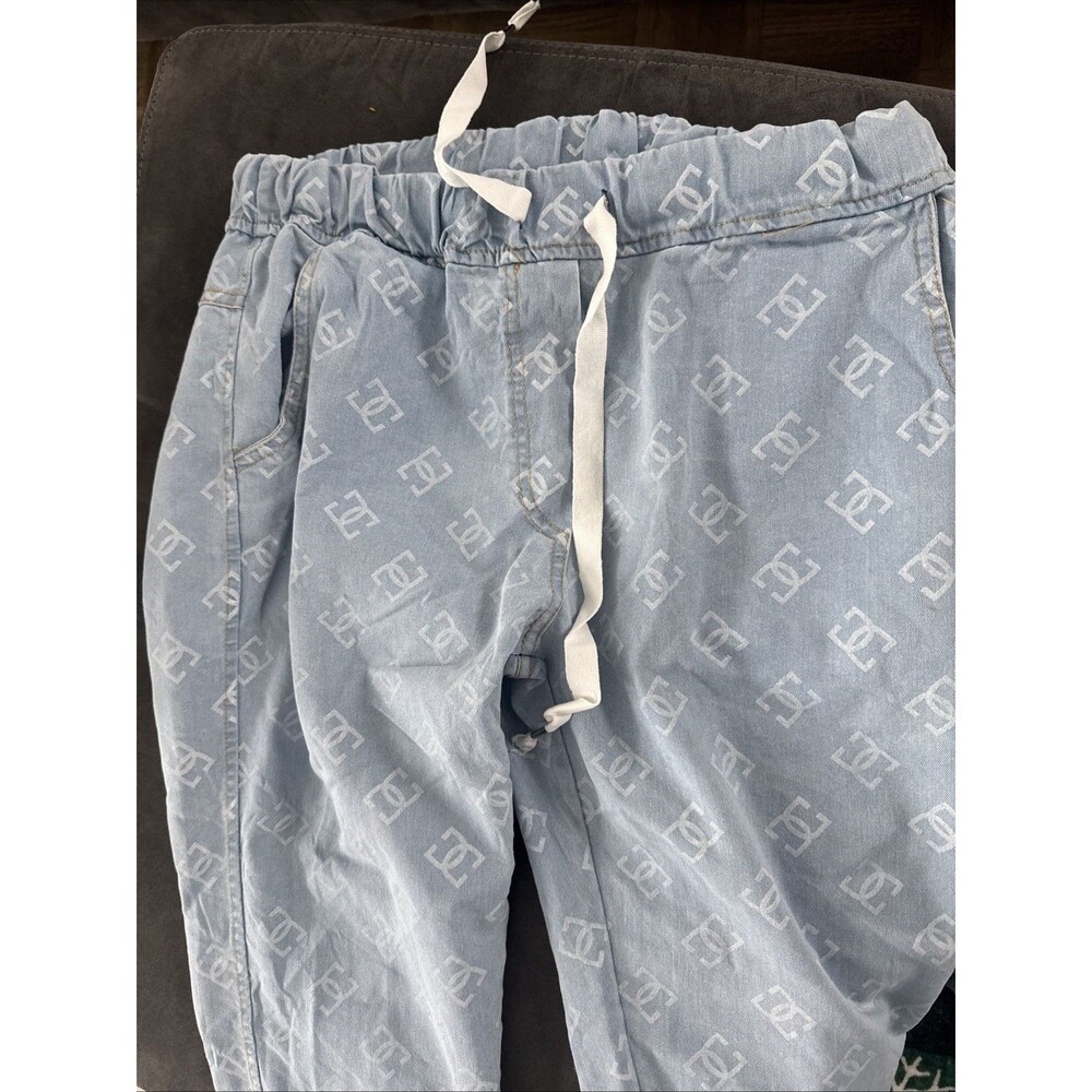 Tempo Paris Women Blue Denim Pants Large Elastic Waist With Drawstring